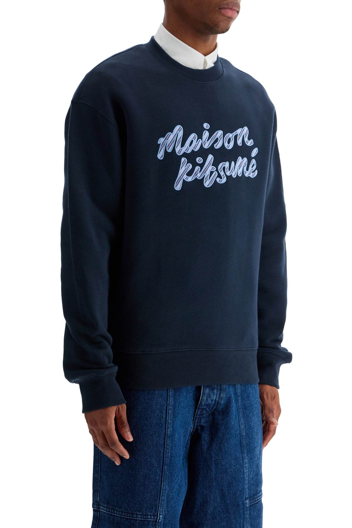 Maison Kitsune Navy Blue Striped Logo Cotton Sweatshirt