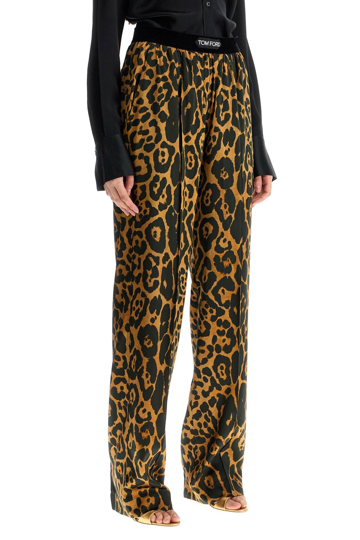 Tom Ford Wide Leg Leopard Print Silk Pants In Camel And Black