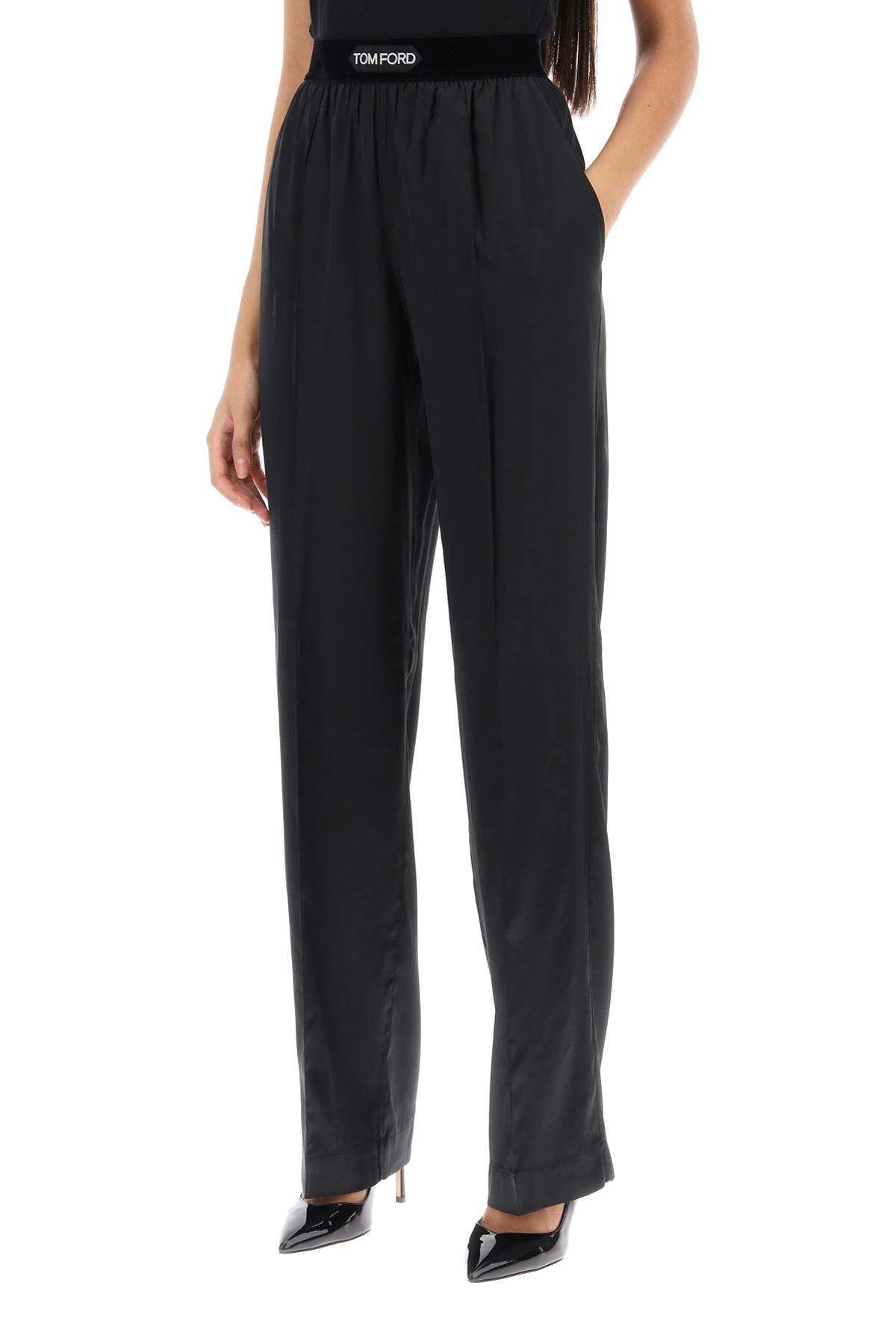 Tom Ford Logo Band Fluid Pants In Stretch Silk Satin