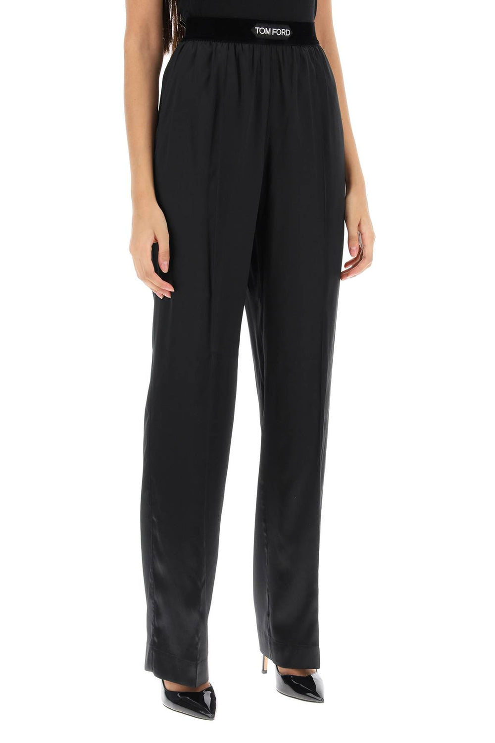 Tom Ford Logo Band Fluid Pants In Stretch Silk Satin