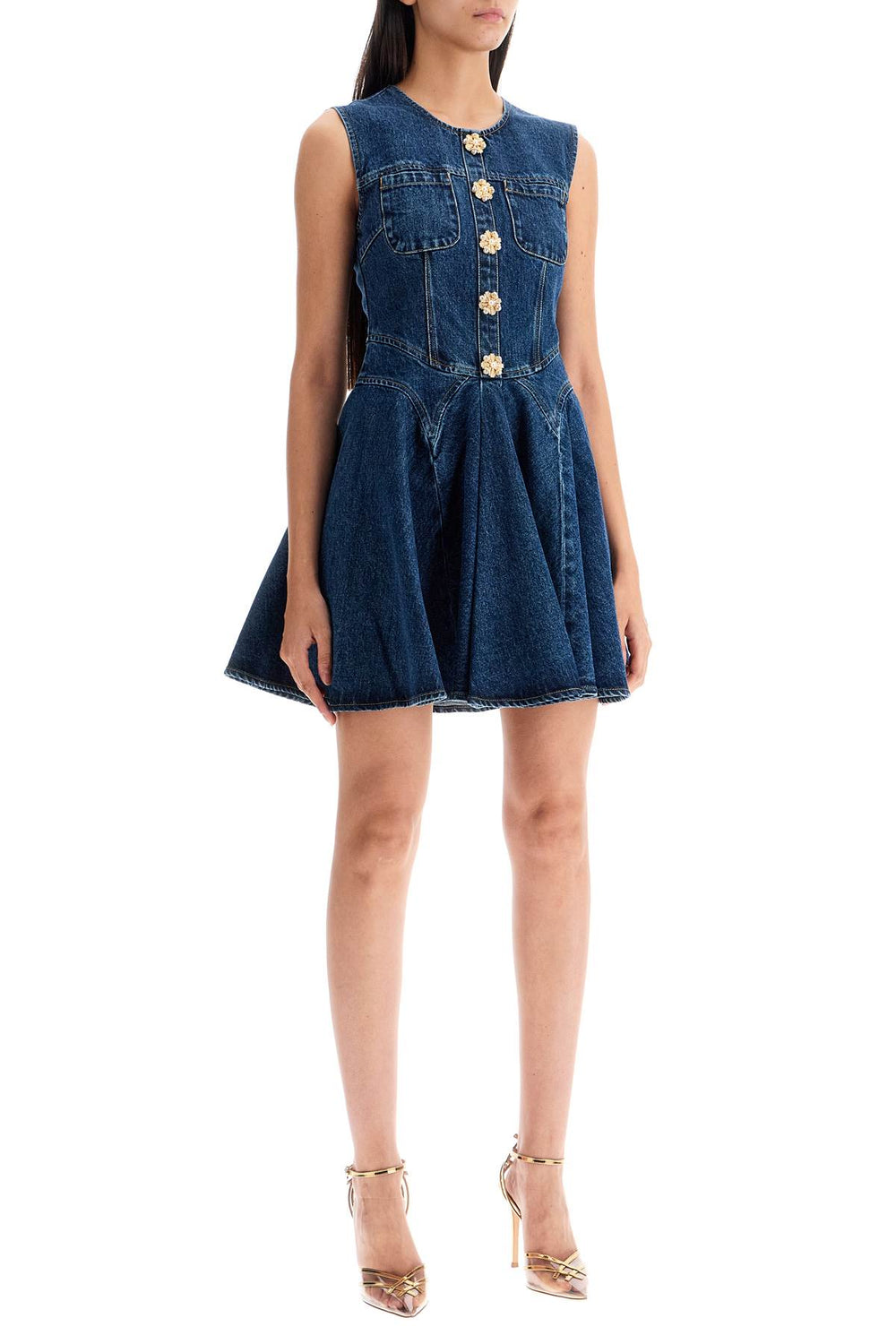 Self Portrait Mini Denim Dress With Jewel Buttons