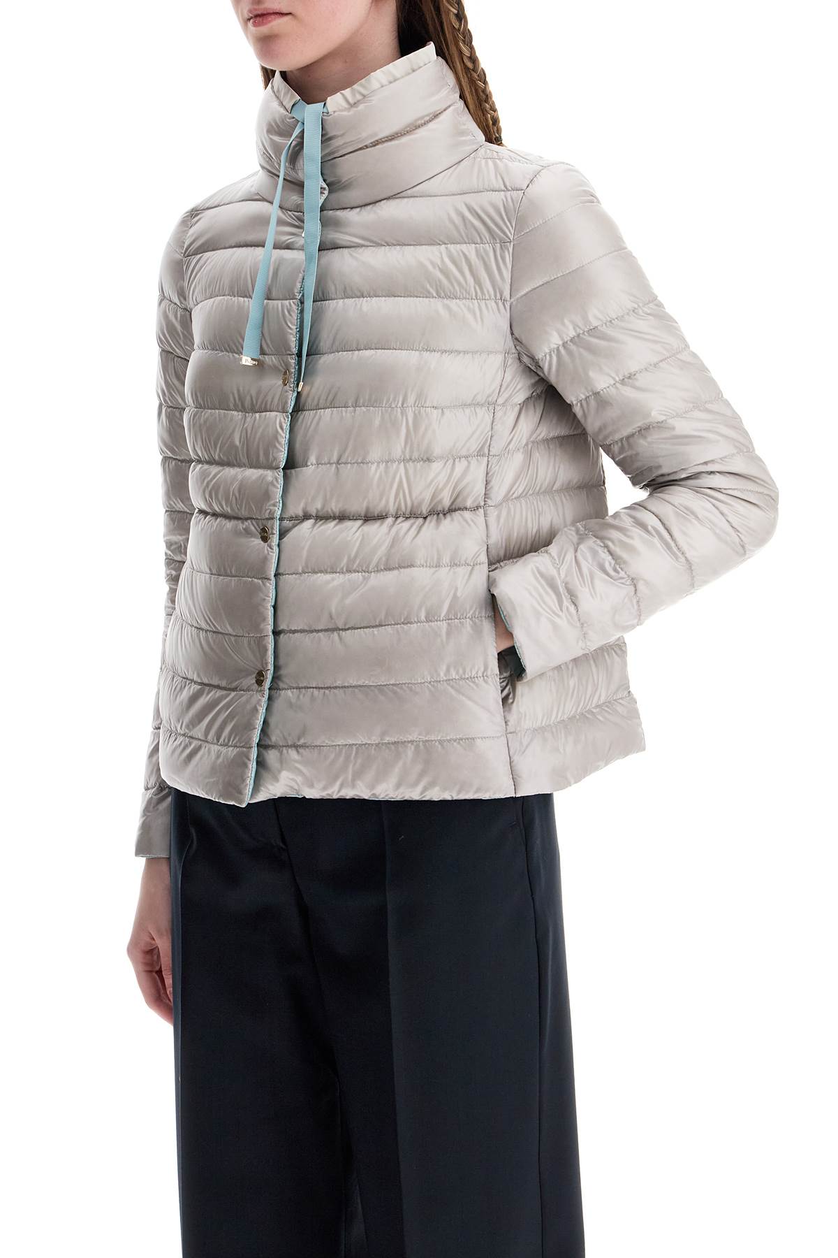 HERNO Short Puffer Jacket In Ice Blue Nylon With Metal Buttons