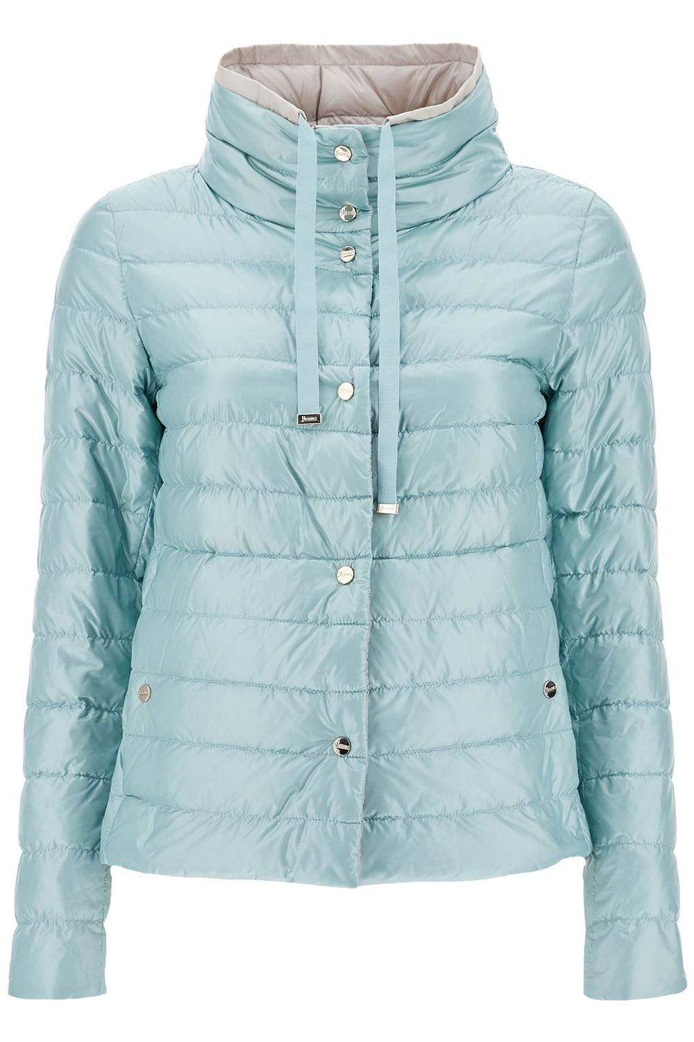 HERNO Short Puffer Jacket In Ice Blue Nylon With Metal Buttons