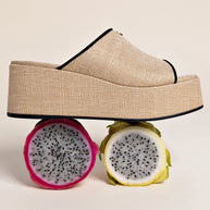 Larroude Charli Mule In Beige Raffia and Black Trimming