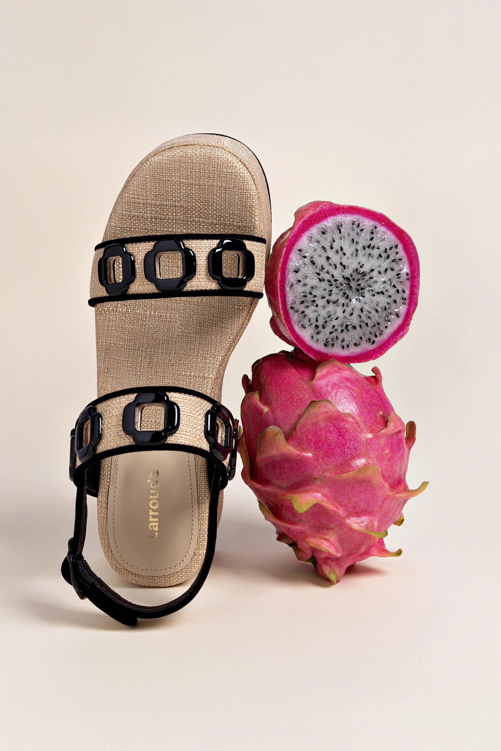 Larroude Milan Flatform In Beige Raffia and Black Trimming