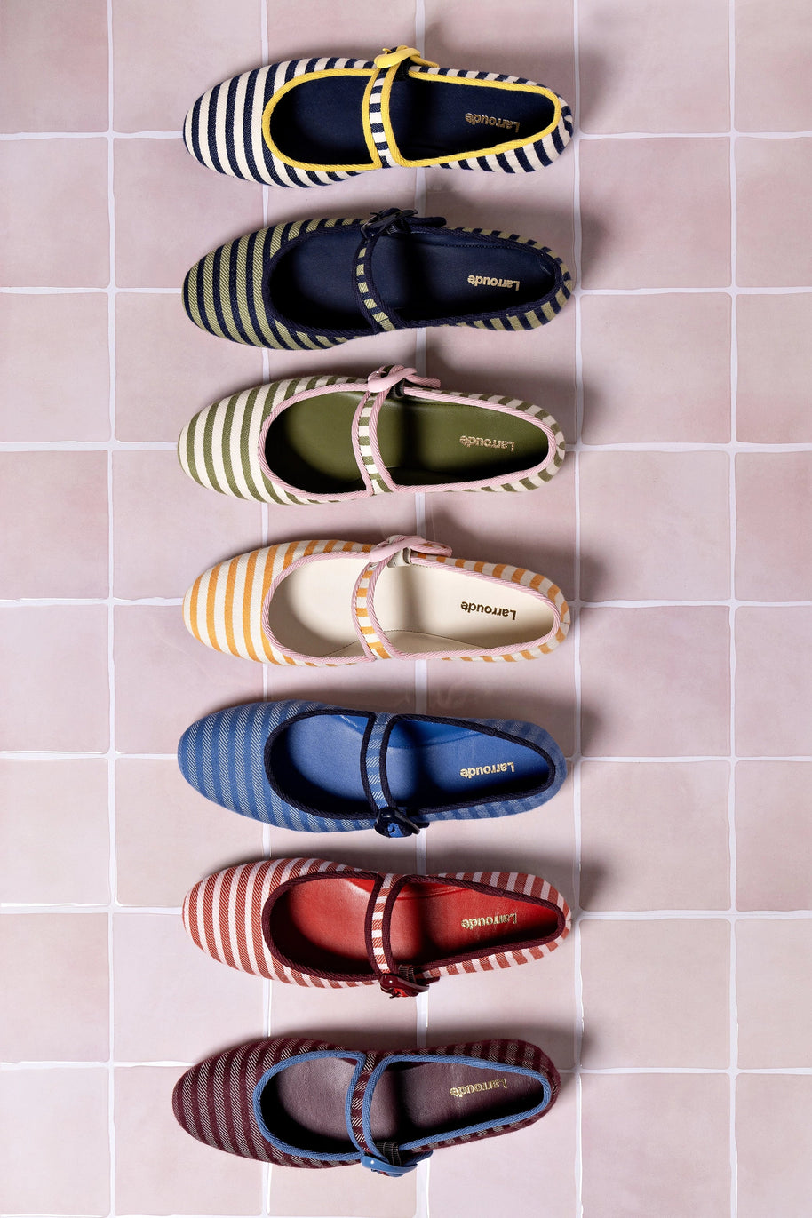Larroude Verona Ballet Flat In Egyptian Blue Striped Fabric and Navy Trimming