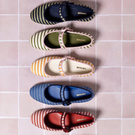 Larroude Verona Ballet Flat In Egyptian Blue Striped Fabric and Navy Trimming