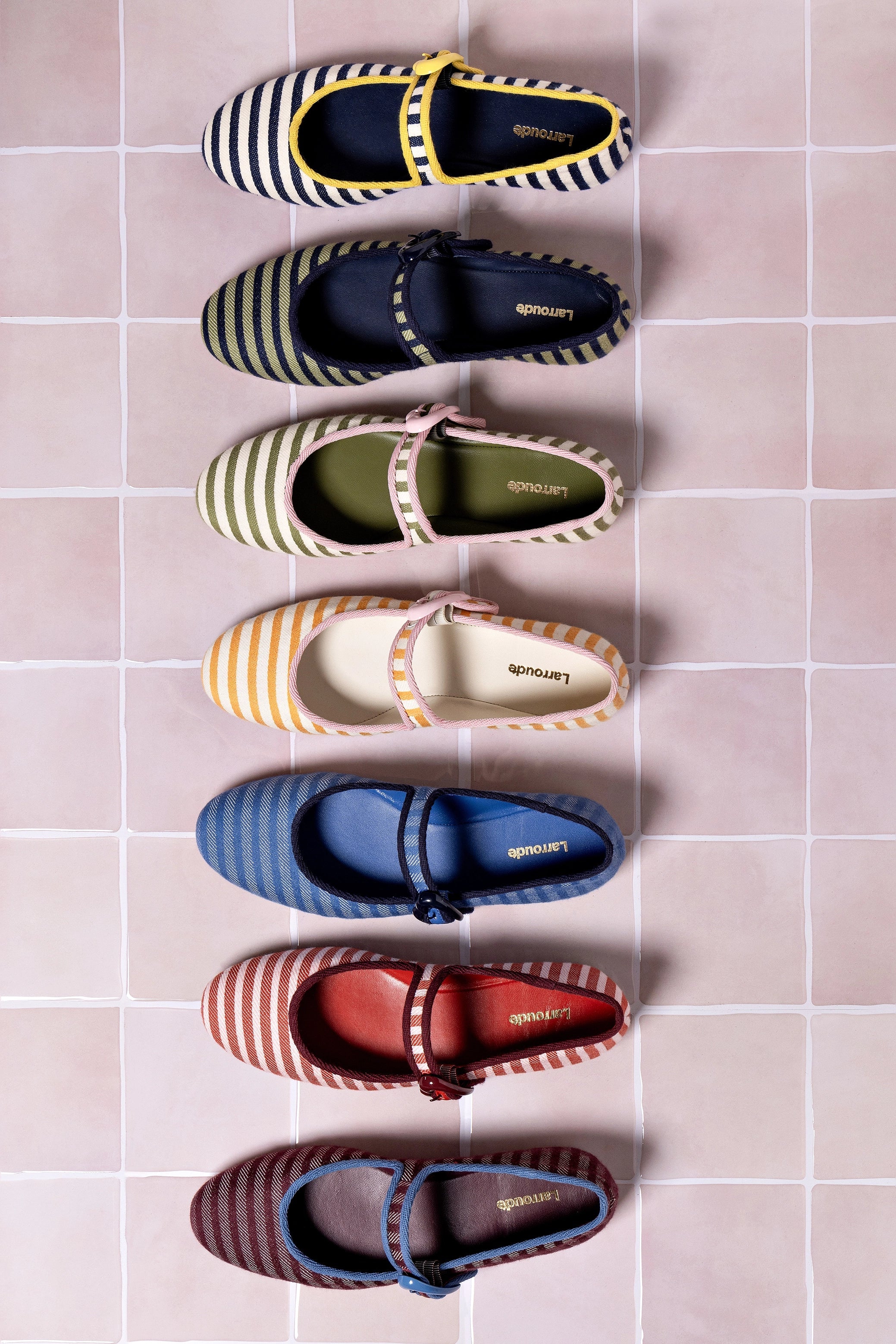 Larroude Verona Ballet Flat In Egyptian Blue Striped Fabric and Navy Trimming
