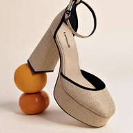 Larroude Ari Pump In Beige Raffia and Black Trimming