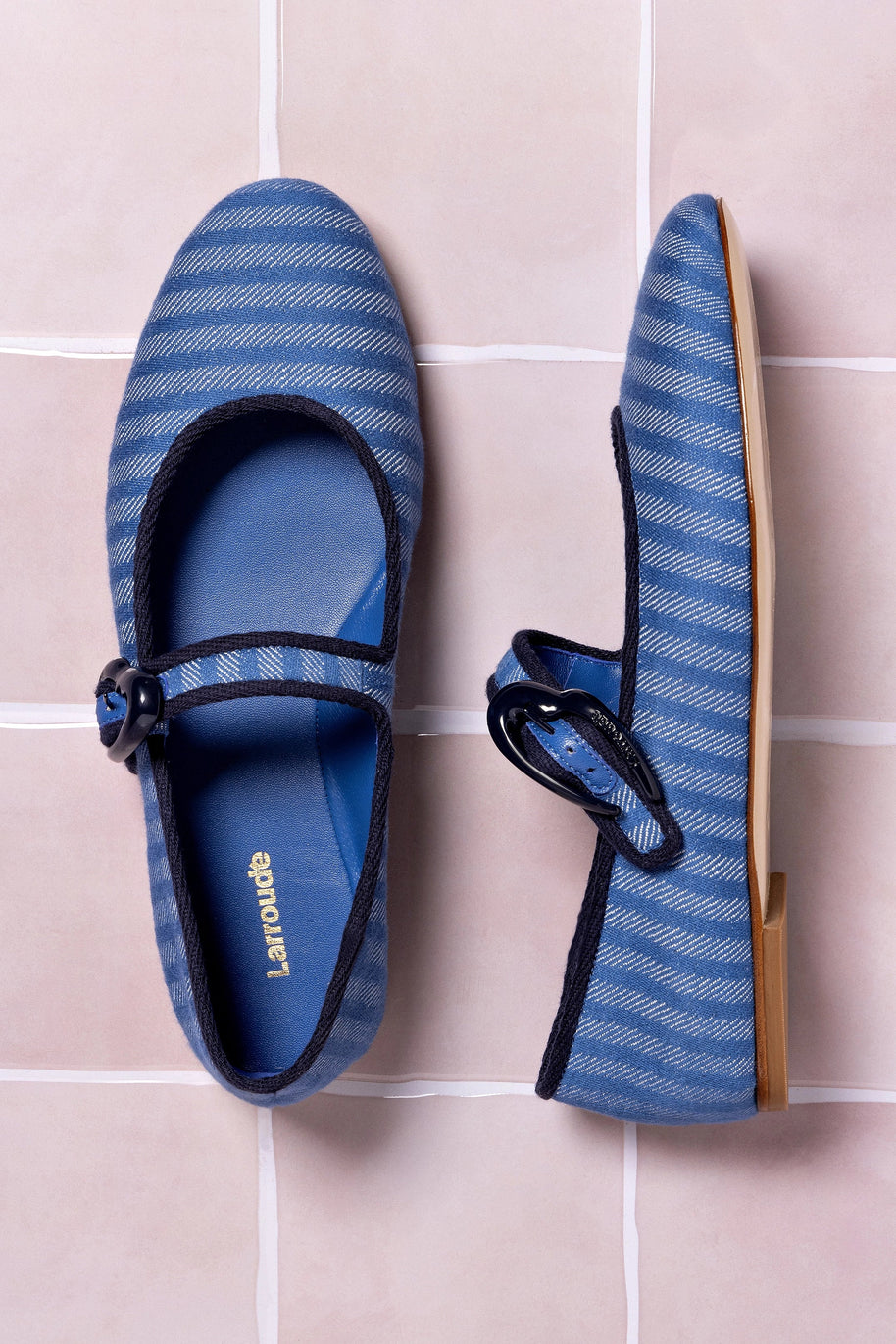 Larroude Verona Ballet Flat In Egyptian Blue Striped Fabric and Navy Trimming