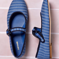 Larroude Verona Ballet Flat In Egyptian Blue Striped Fabric and Navy Trimming