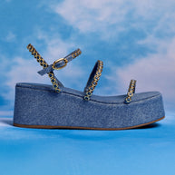 Larroude Gio Milanina Flatform Sandal In Blue Stoned Raffia