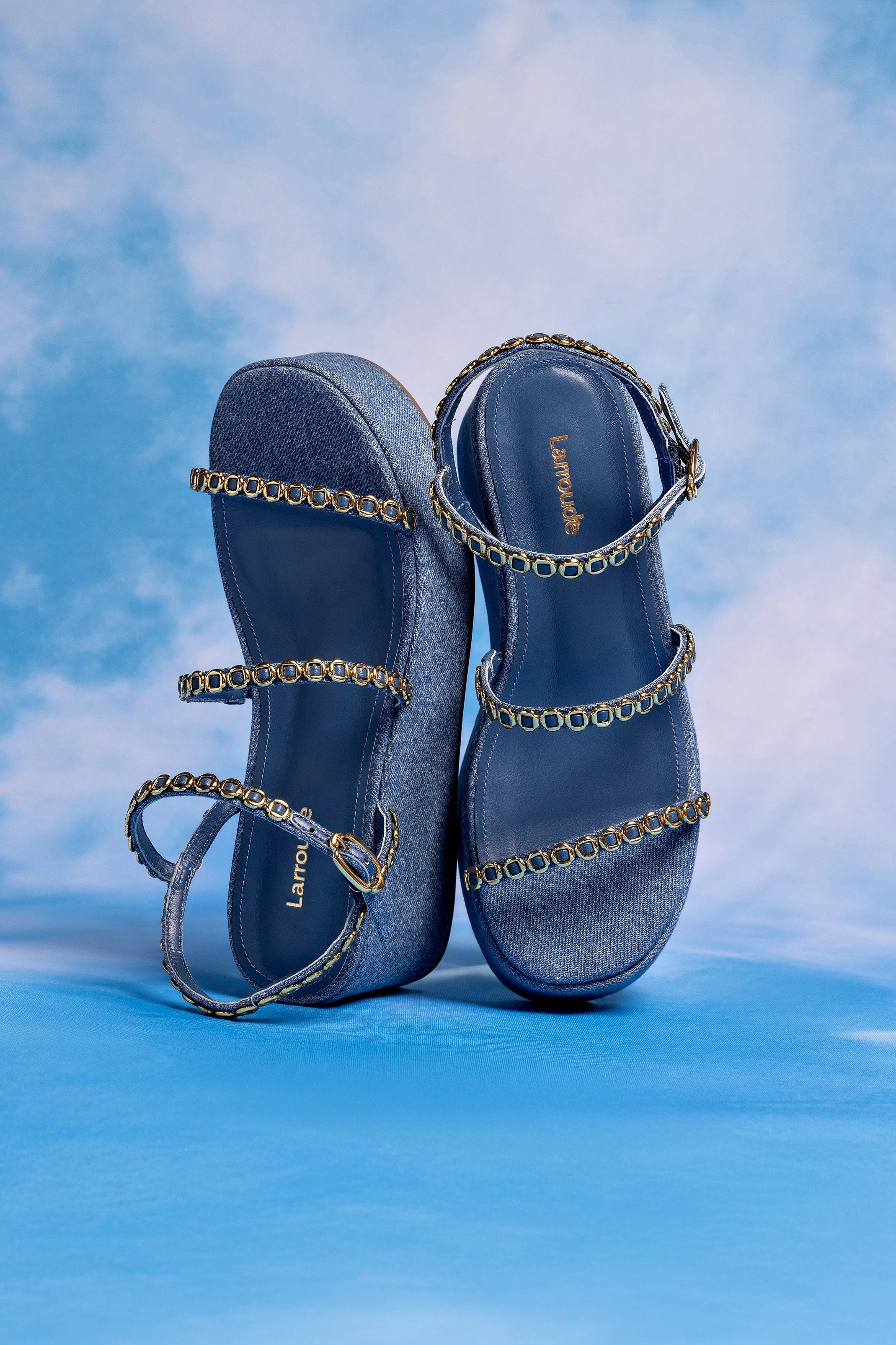 Larroude Gio Milanina Flatform Sandal In Blue Stoned Raffia