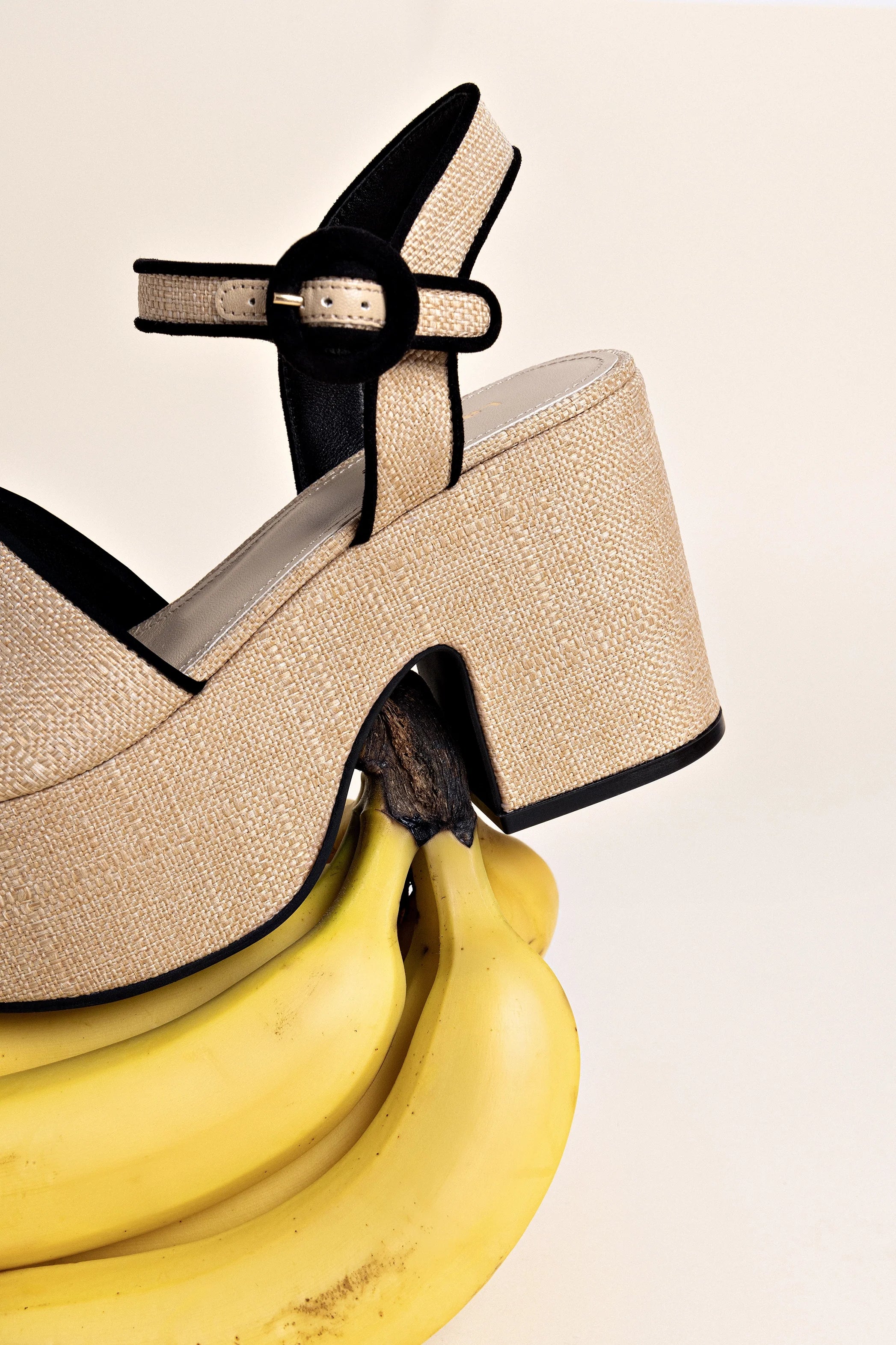 Larroude Miso Sandal In Beige Raffia and Black Trimming