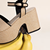 Larroude Miso Sandal In Beige Raffia and Black Trimming