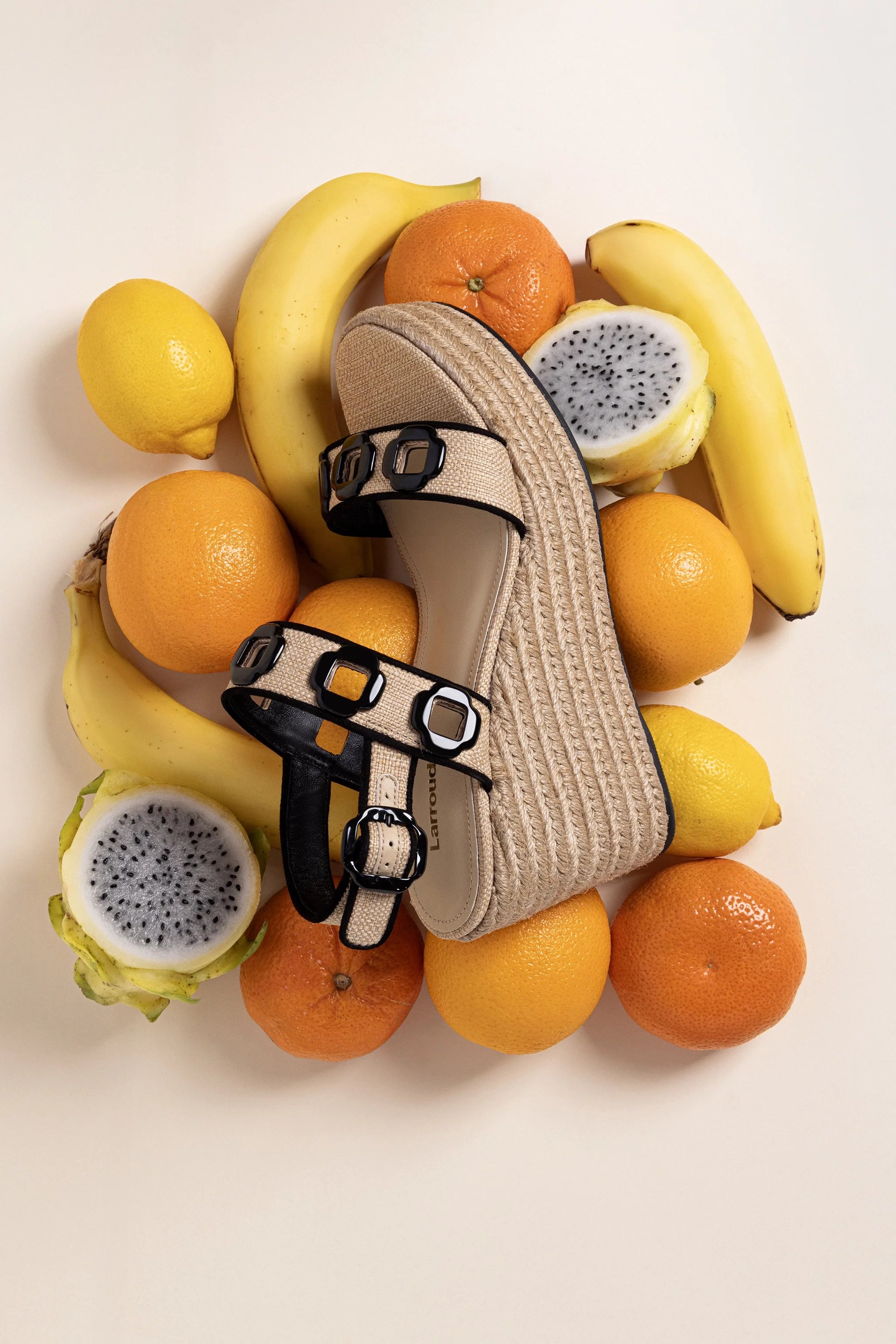 Larroude Milan Espadrille In Beige Raffia And Black Trimming