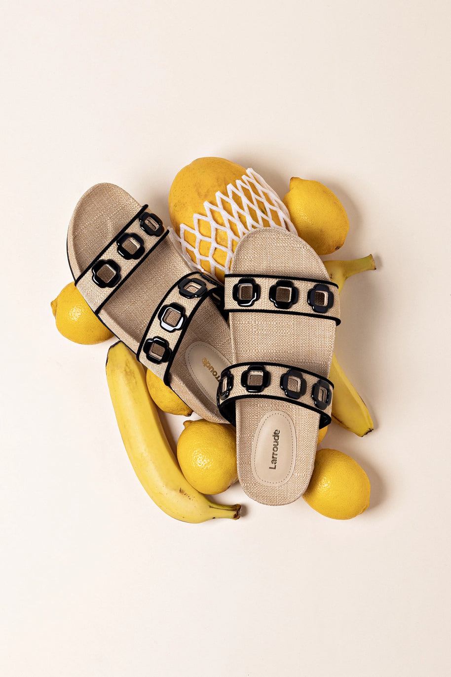 Larroude Milan Slide In Beige Raffia and Black Trimming