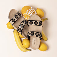 Larroude Milan Slide In Beige Raffia and Black Trimming