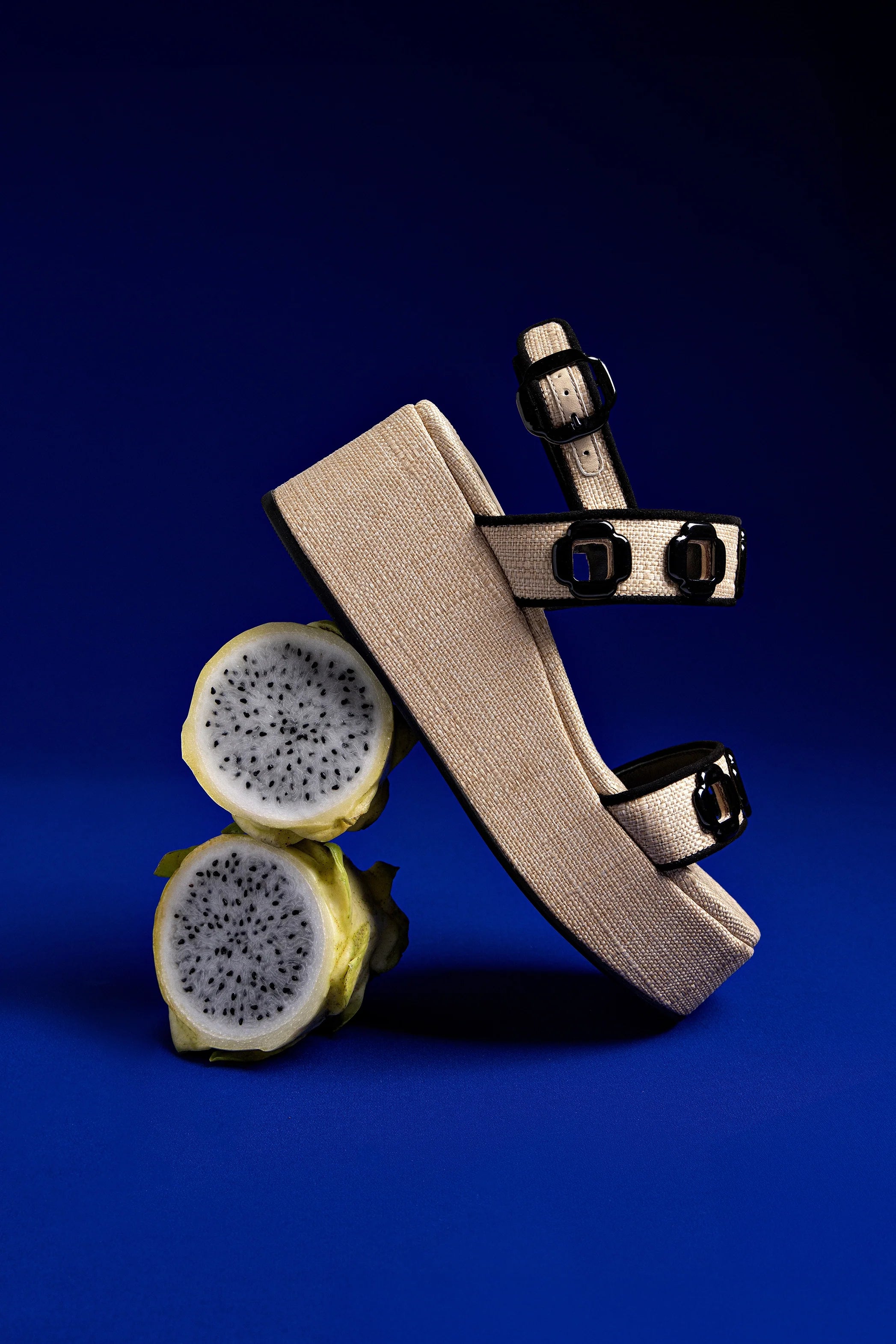 Larroude Milan Flatform In Beige Raffia and Black Trimming