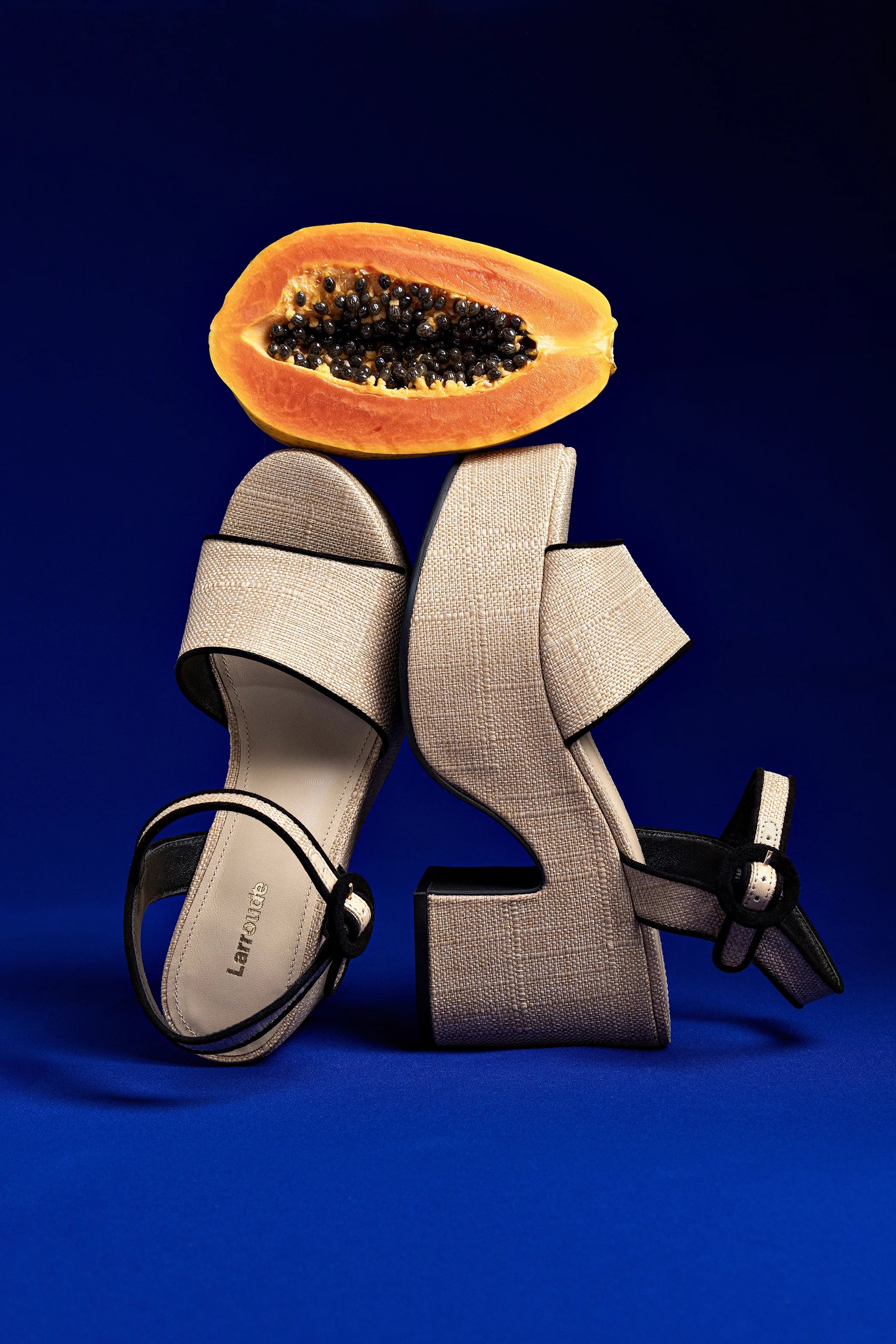 Larroude Miso Sandal In Beige Raffia and Black Trimming