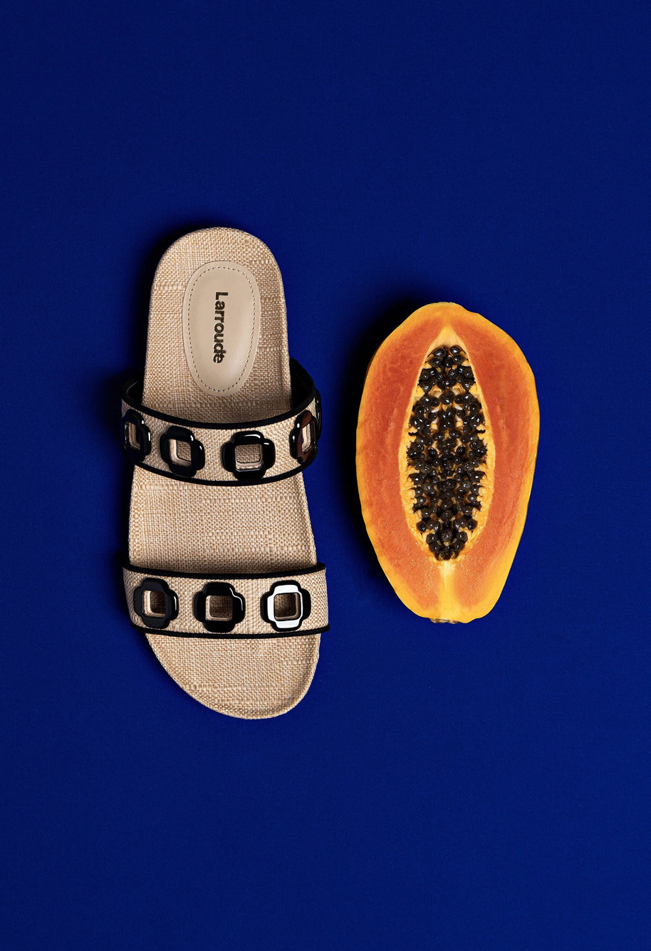 Larroude Milan Slide In Beige Raffia and Black Trimming