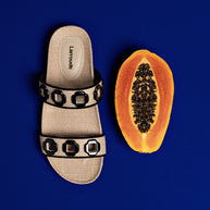 Larroude Milan Slide In Beige Raffia and Black Trimming