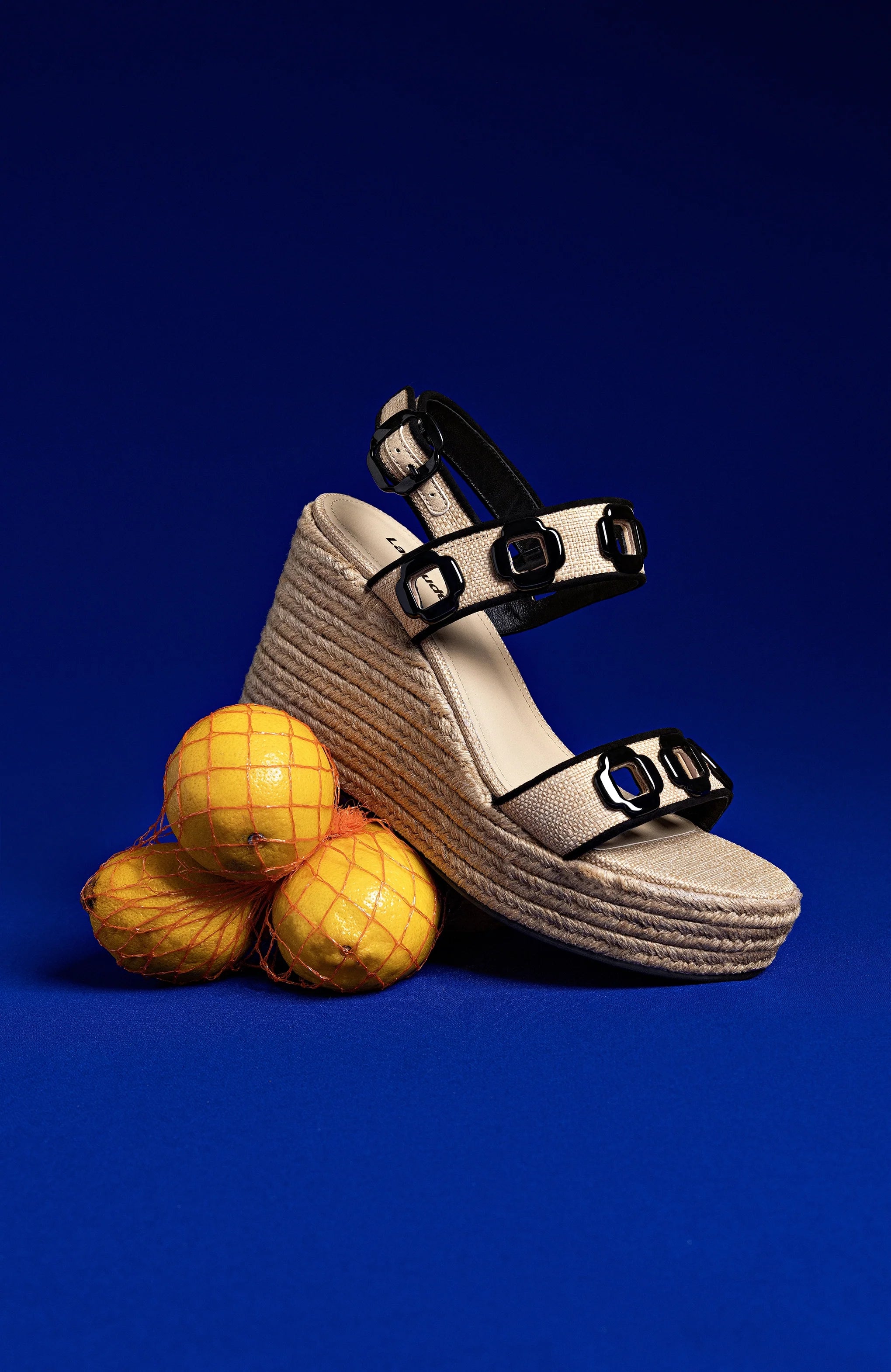 Larroude Milan Espadrille In Beige Raffia and Black Trimming