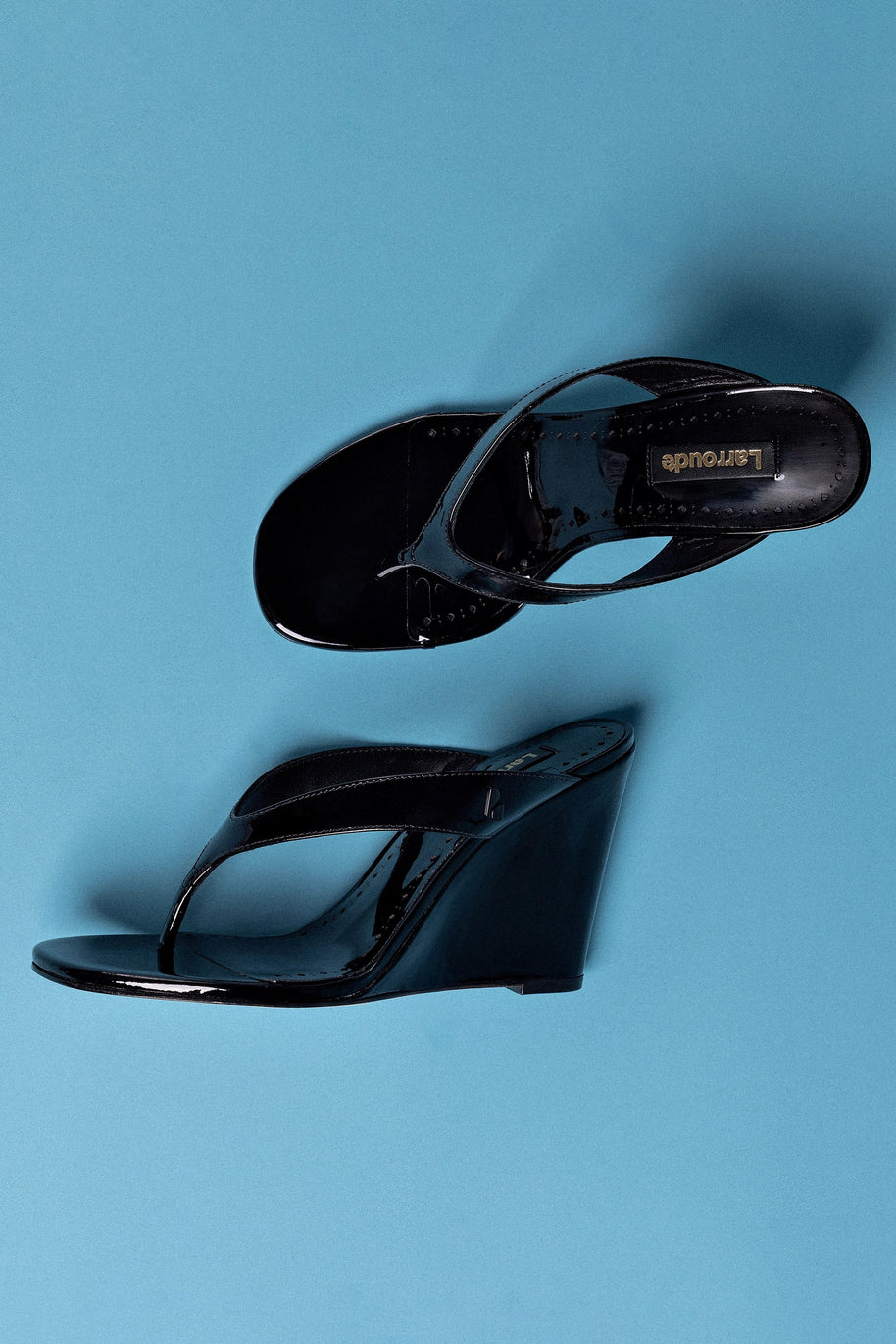 Larroude Gaia Wedge Sandal In Black Leather
