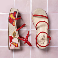 Larroude Gio Flatform Sandal In Scarlet Raffia And Hibiscus Embroidery