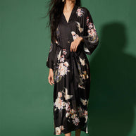 Ulivary Garden Crane Black Kimono Robe