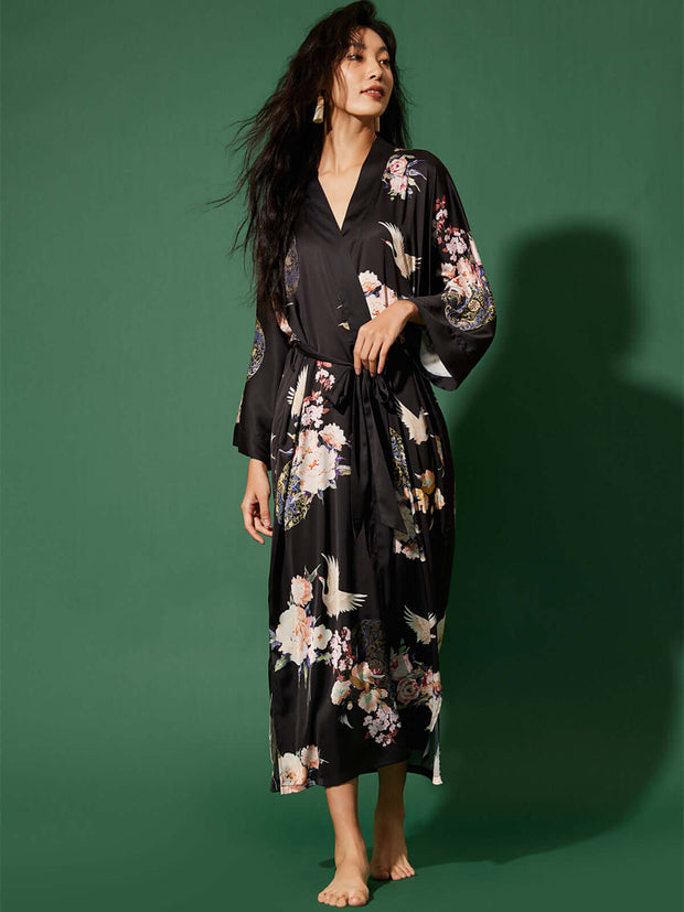 Ulivary Garden Crane Black Kimono Robe