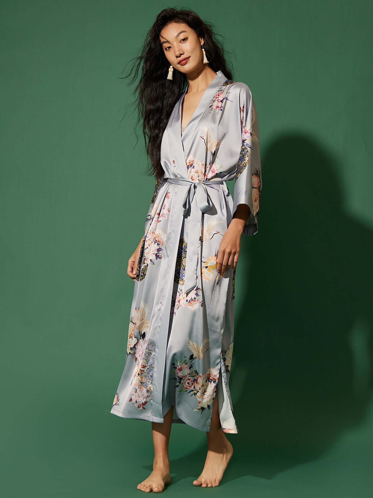 Ulivary Garden Crane Gray Kimono Robe