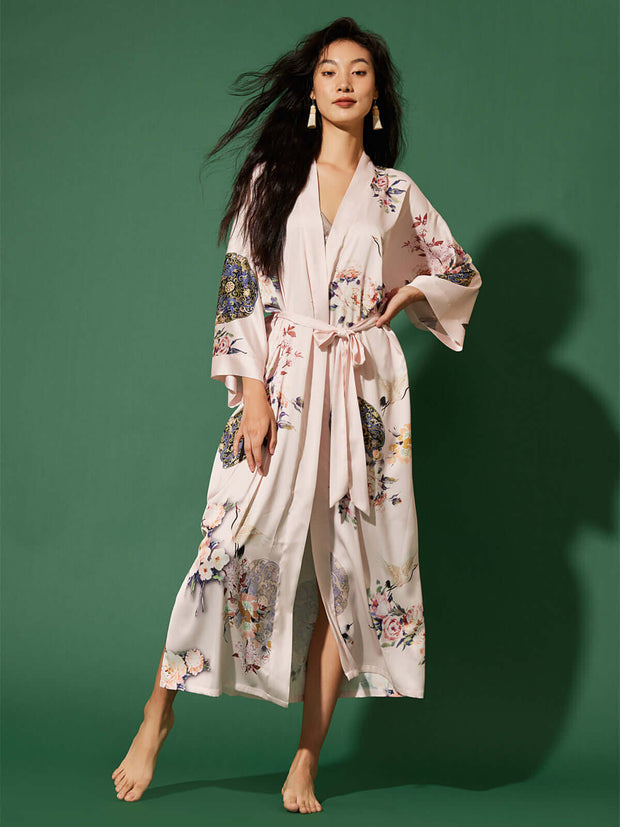Ulivary Garden Crane Blush Kimono Robe