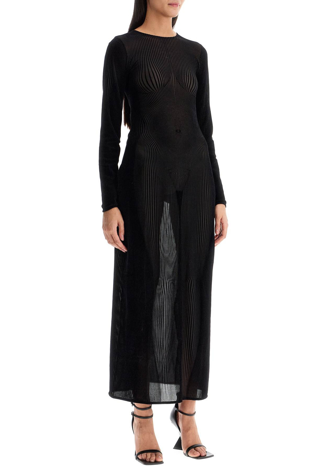 JEAN PAUL GAULTIER Mesh Morphing Pinstripe Flocked Long Dress