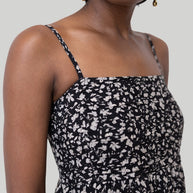 Reistor Ruched Strappy Mini Black Floral Dress