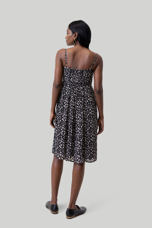 Reistor Ruched Strappy Mini Black Floral Dress