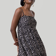 Reistor Ruched Strappy Mini Black Floral Dress