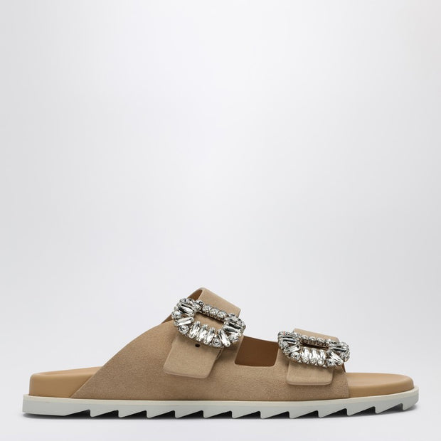 ROGER VIVIER Beige Suede Slidy Viv'' Mule