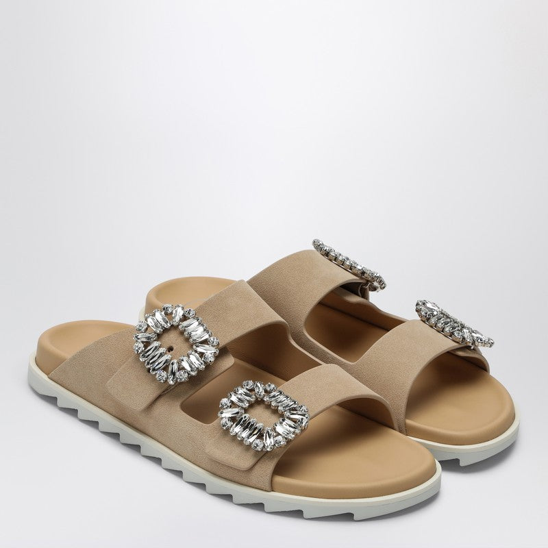 ROGER VIVIER Beige Suede Slidy Viv'' Mule