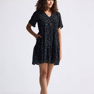 Reistor Floral Short Tiered Dress in Dark Blue