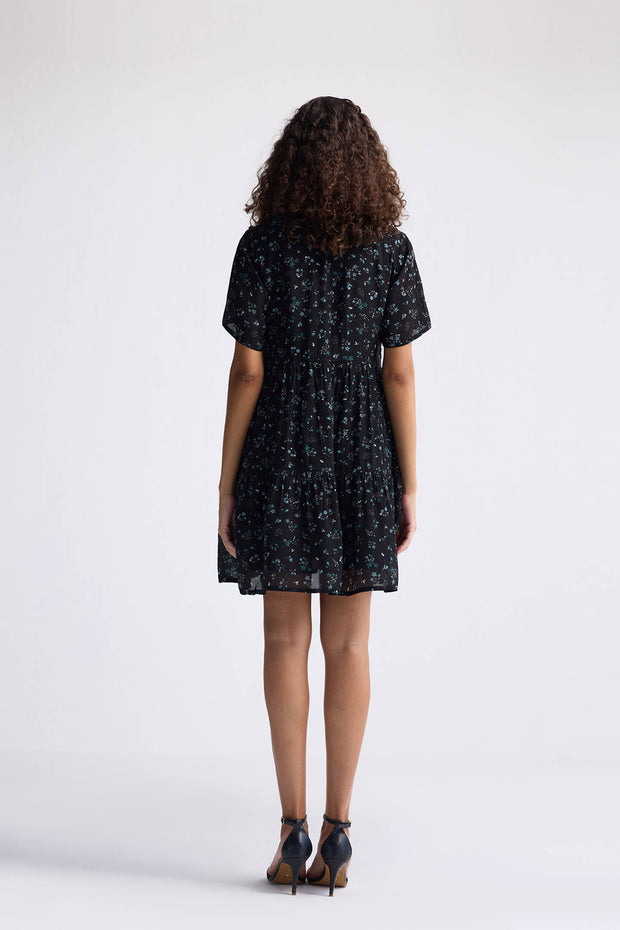Floral Short Tiered Dress In Dark Blue