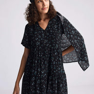 Reistor Floral Short Tiered Dress in Dark Blue