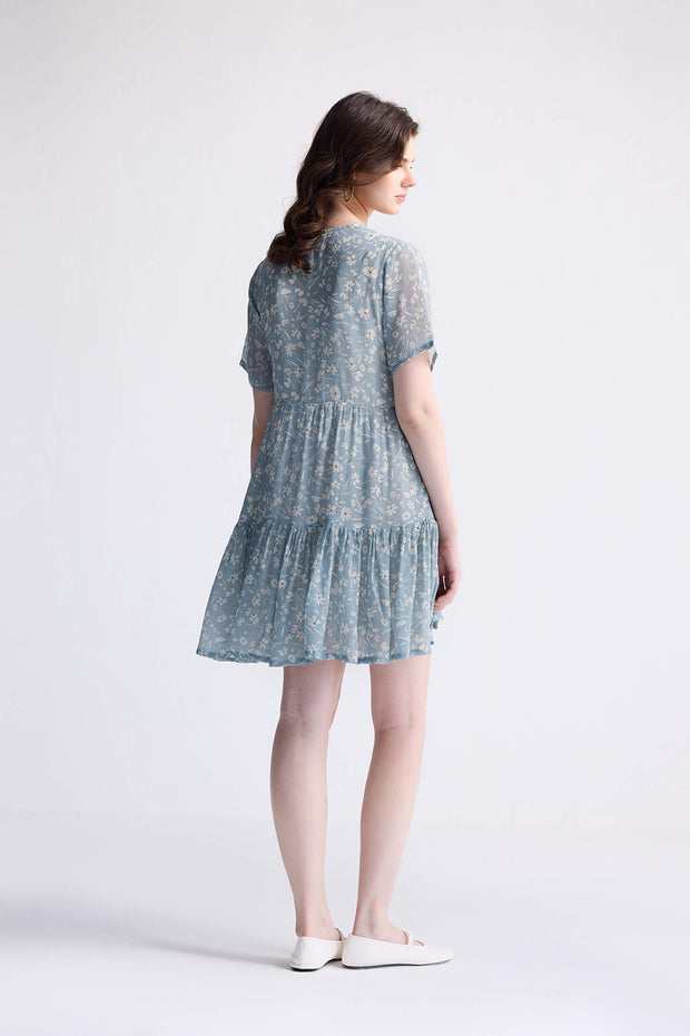 Reistor Floral Short Tiered dress in Light Blue