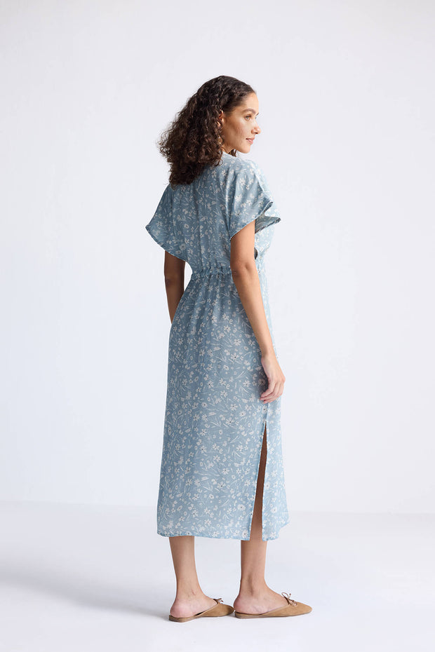 Reistor Gathered Maxi Dress in Light Blue Florals