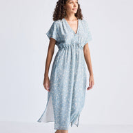 Reistor Gathered Maxi Dress in Light Blue Florals