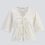 Reistor Relaxed Fit Top With Ruffles and Front-Ties in Cream