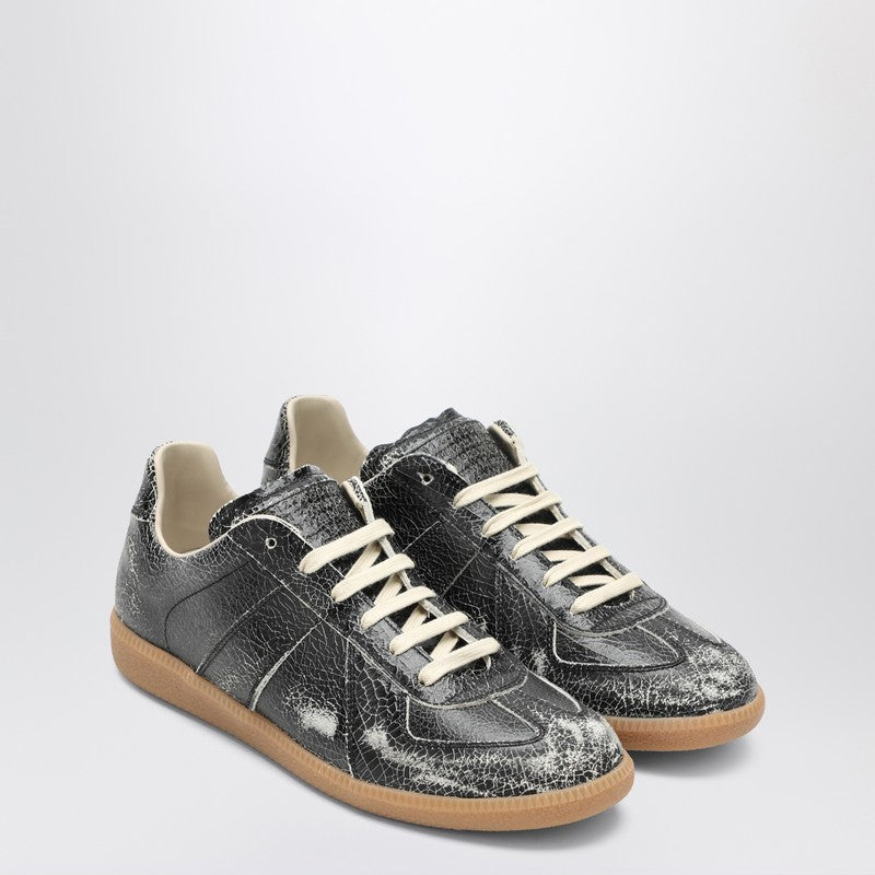 Maison Margiela Black Cracked Leather Replica Sneakers