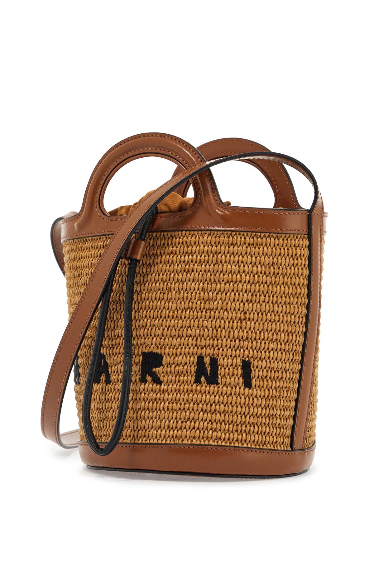 Marni Light Brown Woven Fabric And Leather Bag With Circular Handles