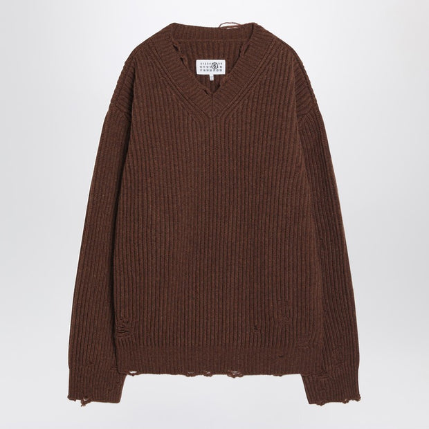MM6 Maison Margiela Distressed Brown Wool-blend Sweater