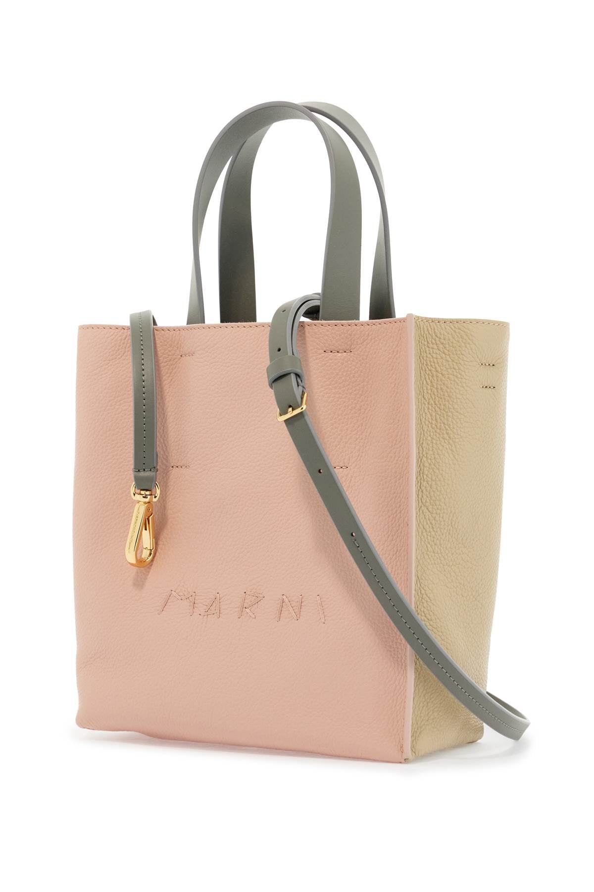 Marni Pink And Beige Calfskin Shopping Bag With Grey Handles